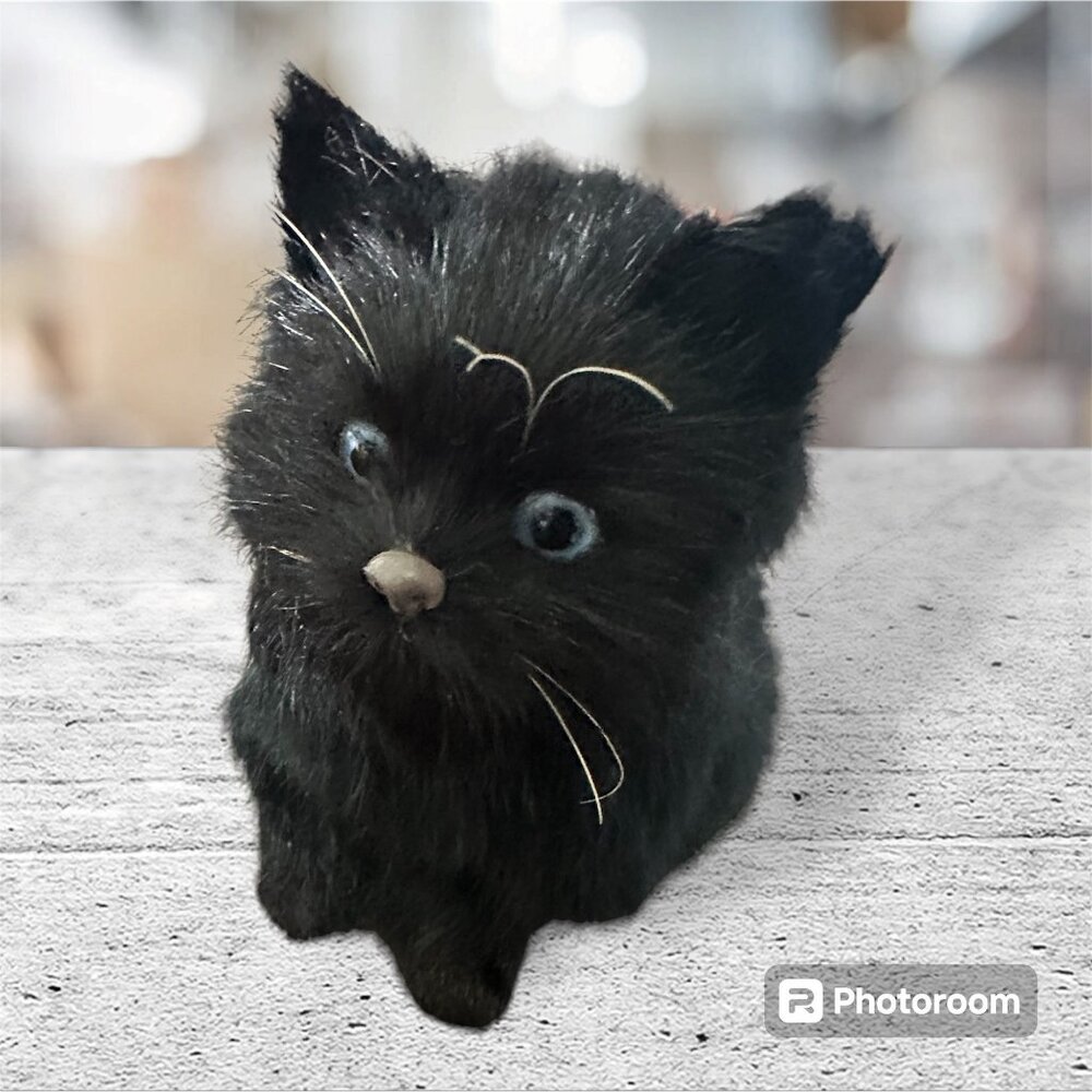 Realistic Black Furry Cat Figurine With‎ Blue Eyes rabbit fur